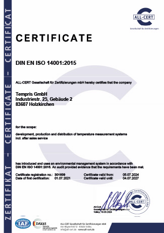 Tempris GmbH - Certificate DIN EN ISO 14001_EN